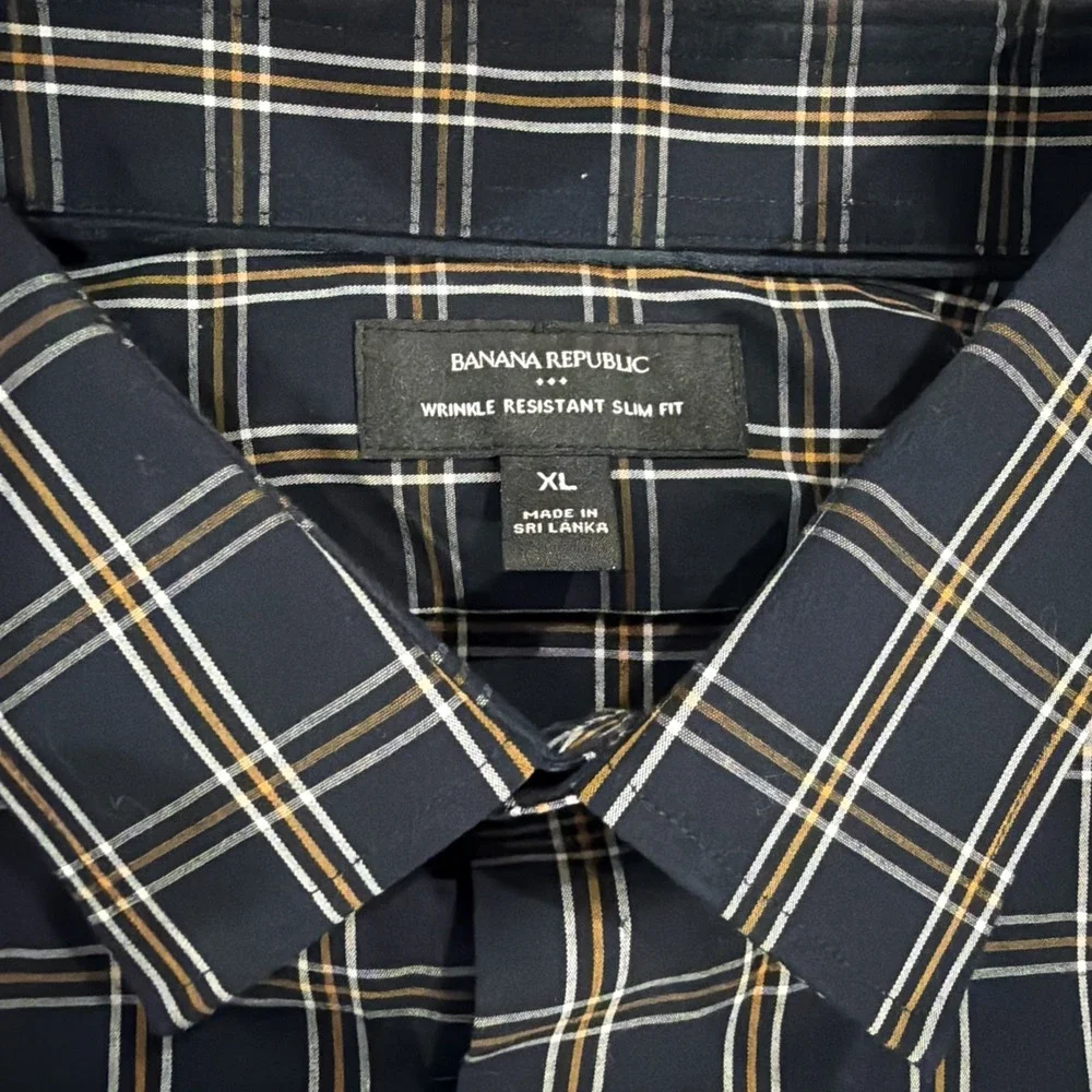 Banana Republic Mens XL Slim Fit Wrinkle Resistant Plaid Button Down Shirt Navy